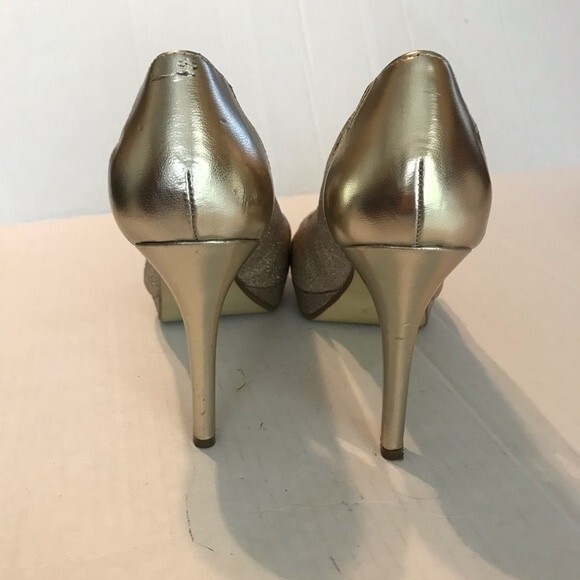ALFANI Gold Glitter Open Toed Criss-Cross Heels Size 6.5 Peep Toe 4" Heels - Picture 5 of 8